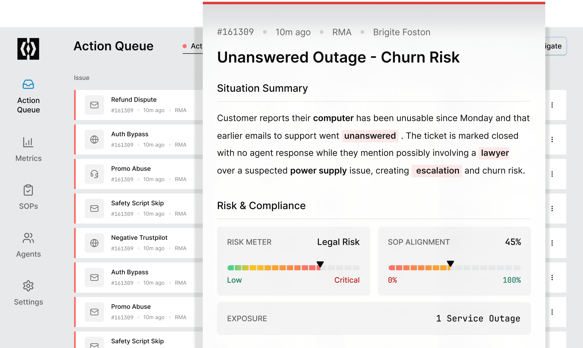 Vensor AI Action Queue dashboard showing prioritized compliance risks and ticket detail panel