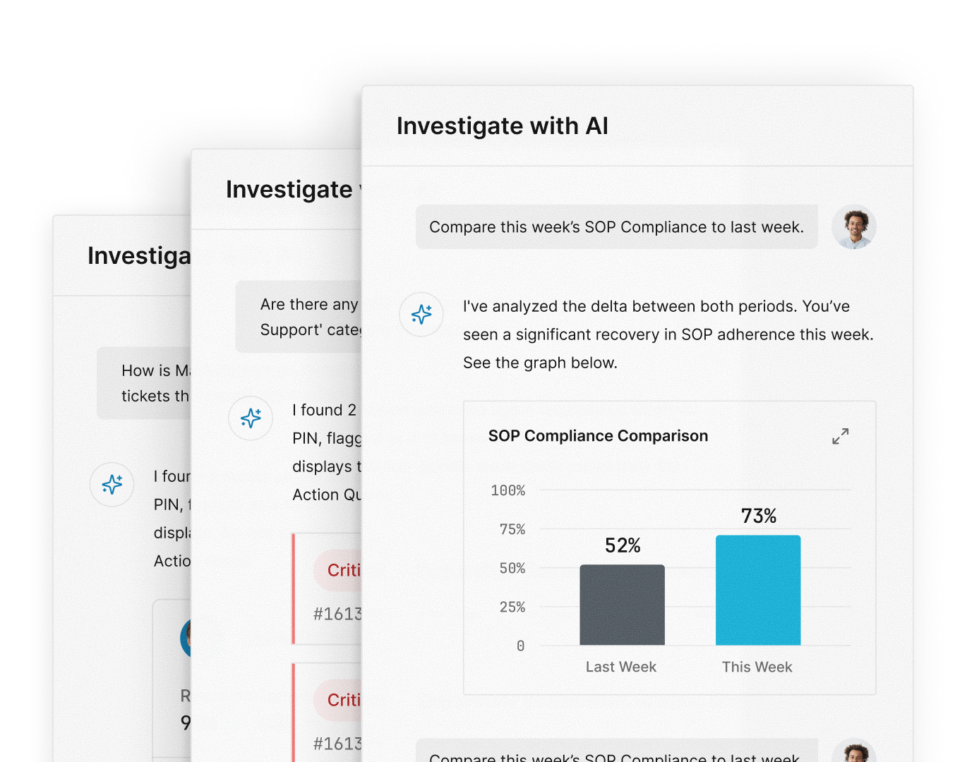Vensor AI Investigation dashboard panels showing natural language query, queue routing, and agent auditing