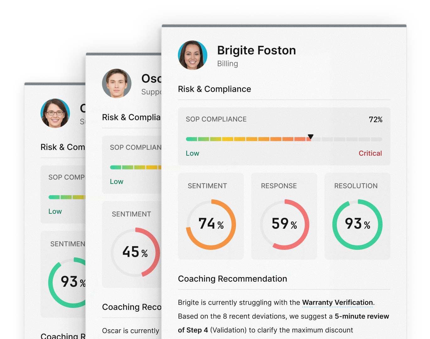 Vensor Agent profile panels showing SOP compliance gauge, sentiment/response/resolution scores, and coaching recommendation with top procedural gaps