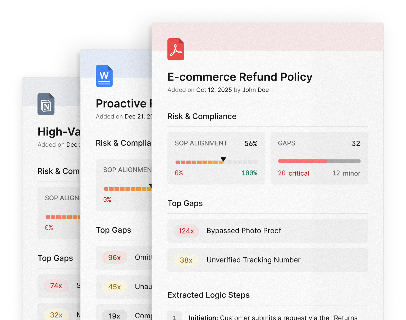 Vensor SOP infrastructure panels showing centralized policy oversight, protocol drift tracking, and integrated knowledge base coverage