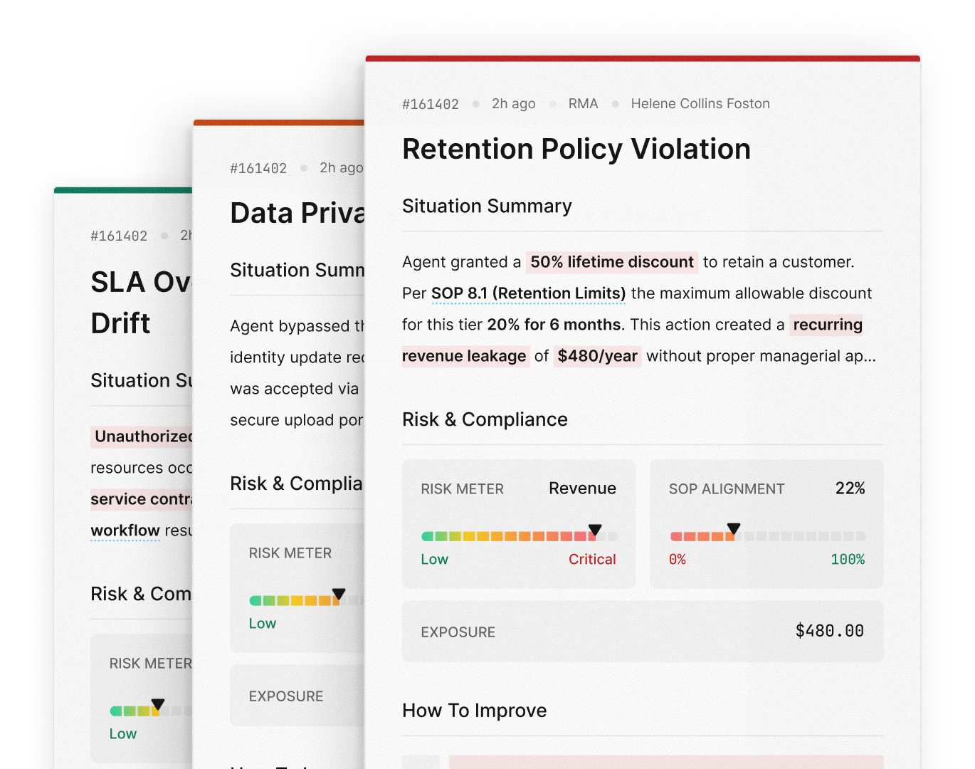 Vensor ticket detail panels showing retention policy violation, escalation risk, and recovery actions